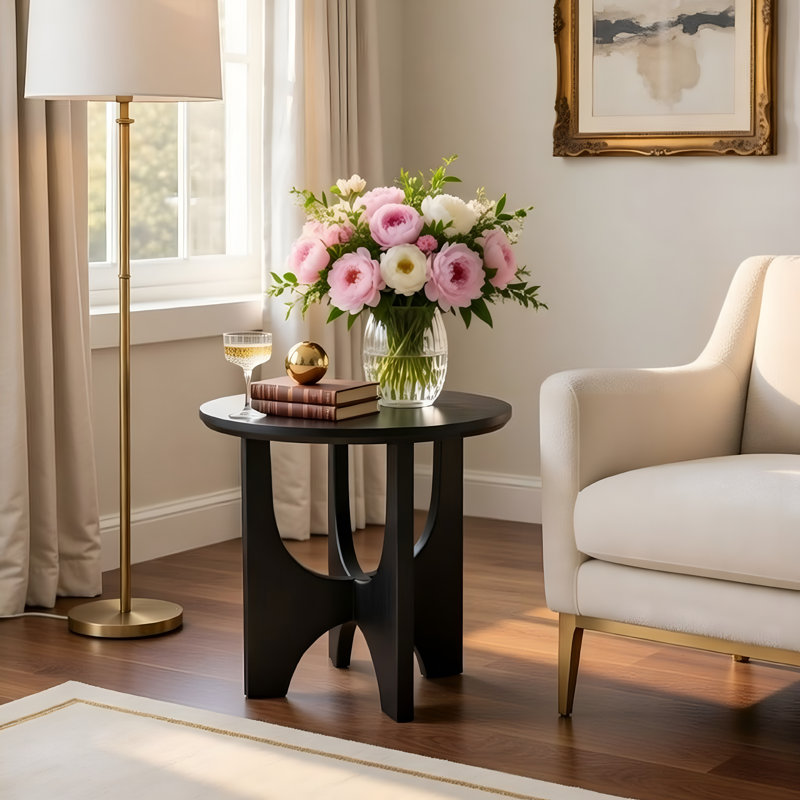 Sara Round Side End Table, 20 Inch Solid Mango Wood Top In Matte Black With Curved Legs