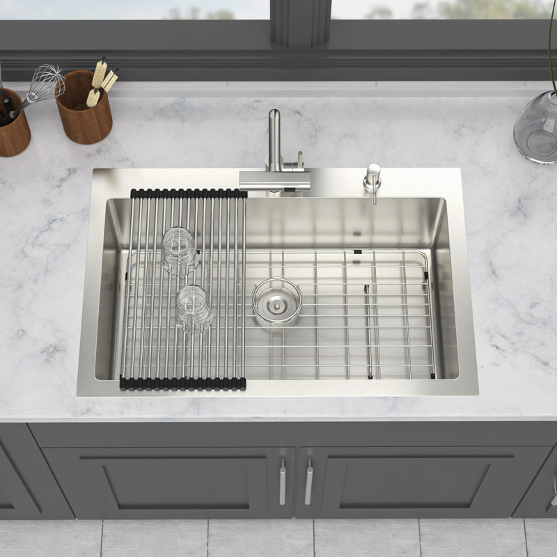 Évier de cuisine à montage sur plan avec robinet coulissant et distributeur de savon, évier de cuisine à cuve simple en acier inoxydable de calibre 16