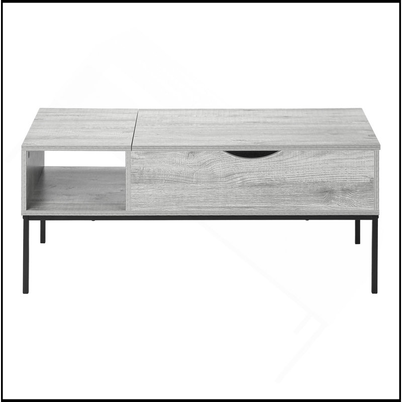 Table basse à plateau relevable moderne avec rangement et tablette ouverte, idéale pour les espaces de vie contemporains