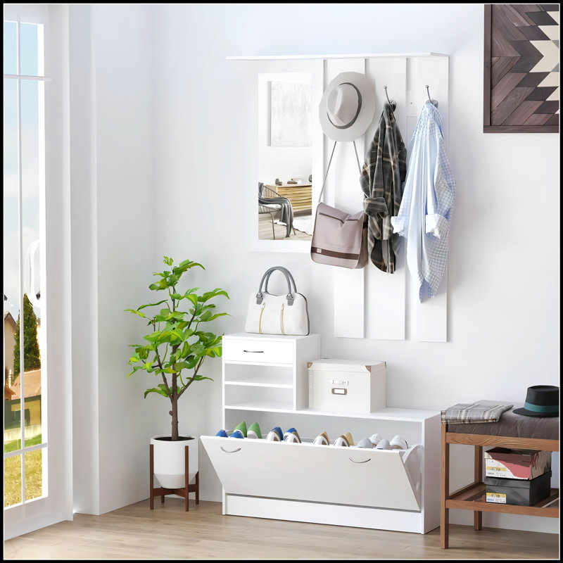 Armoire à portes combinées avec rangement pour chaussures, tablette suspendue et miroir pour un décor moderne et une organisation efficace