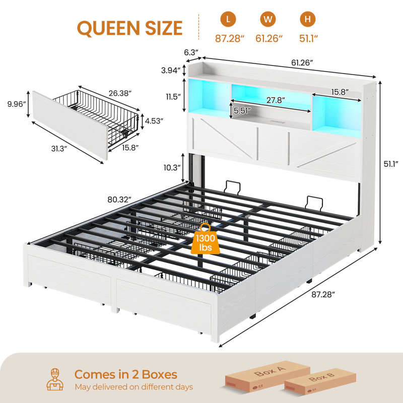 Queen Bed Frame With 6 Drawers And Storage Headboard, Farmhouse Metal Platform Bed With Charging Station And Led Lights, Wood Queen Size Storage Beds For Bedroom, No Box Spring Needed, White