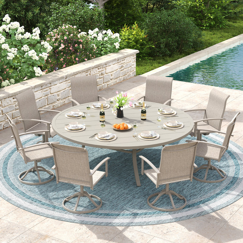8-Person Round Patio Dining Set with 60" Round Dining Table and 8 Swivel PVC-coated polyester Chairs, Sandshell/Sandshell