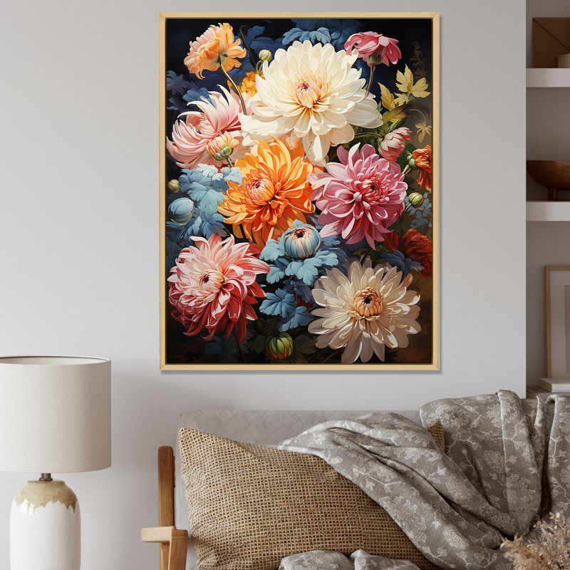 «Mums Flow Curved Stems I», reproduction sur toile, Cadre naturel flottant, H 20 po x l 12 po x P 1 po