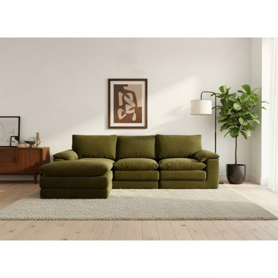 Modular Sectional Sofa, L Shape Cloud Couch with 1 Movable Ottoman, Comfy Chenille Deep Seat Sofa with Soft Pillows for Living Room Apartment (Green)