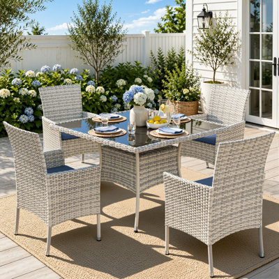 5-Piece Outdoor Rattan Dining Set With Cushions, Armchairs, And A Tempered-Glass Top Table