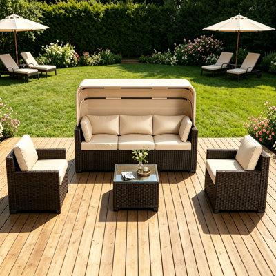 6-Piece Outdoor Patio Daybed Sectional Set with Retractable Canopy, Adjustable Backrests & PE Rattan Wicker Sofa Seating