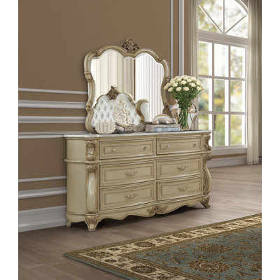 Monique 6-Drawer Solid Wood Dresser with Mirror in Champagne
