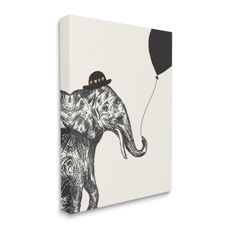 Éléphant avec un chapeau de Derby tenant un ballon noir, Toile tendue, H 40 po x l 30 po x P 1,5 po