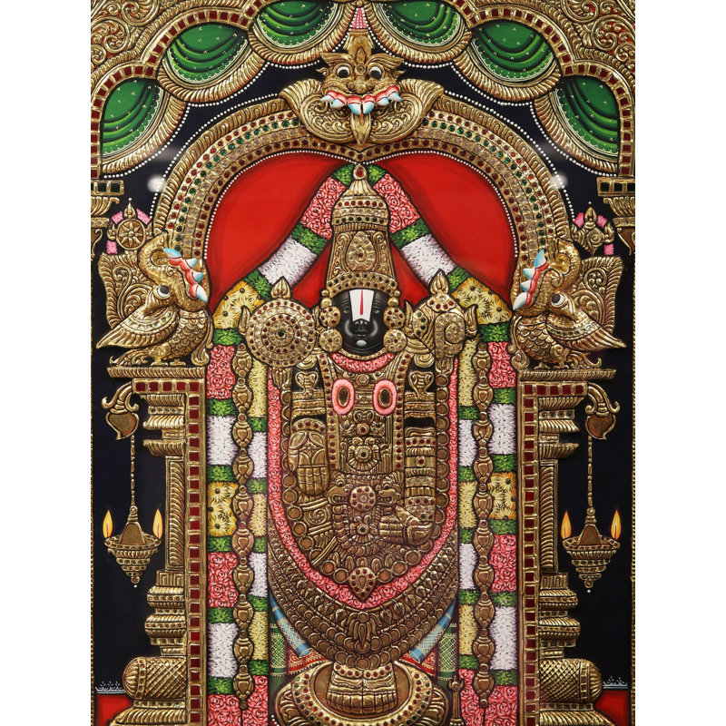 Gajalakshmi Tirupati Balaji Ganesha Tanjore, peinture - art mural traditionnel multi-divinité avec l'œuvre de l'or 24 carats, encadré spirituel 28,5 po x 52,5 po