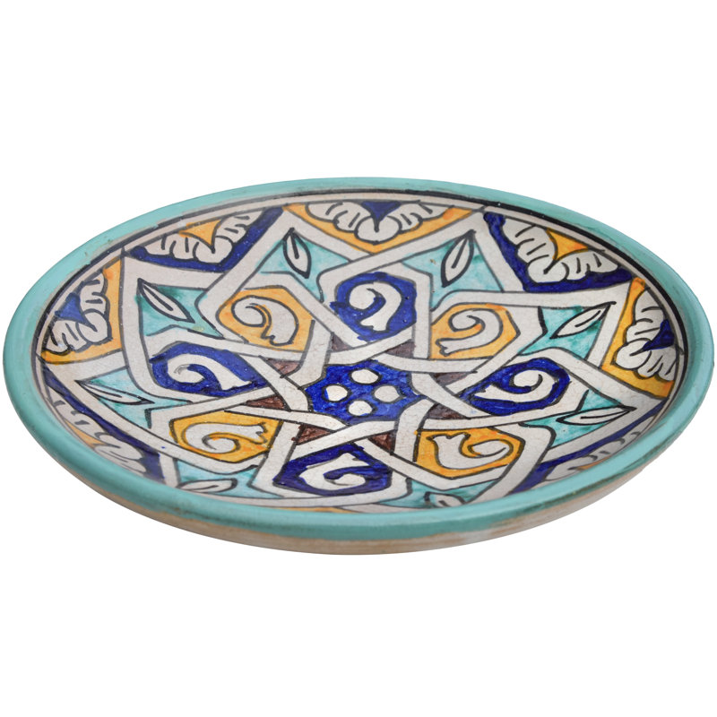 Assiette en céramique à motif andalou Mid-Century Mid-Century bleu sarcelle et orange