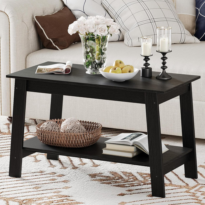 Modern Farmhouse Coffee Table with Storage Shelf, 2-Tier Living Room Table Rectangular Center Table, Home Office Industrial Cocktail Tables