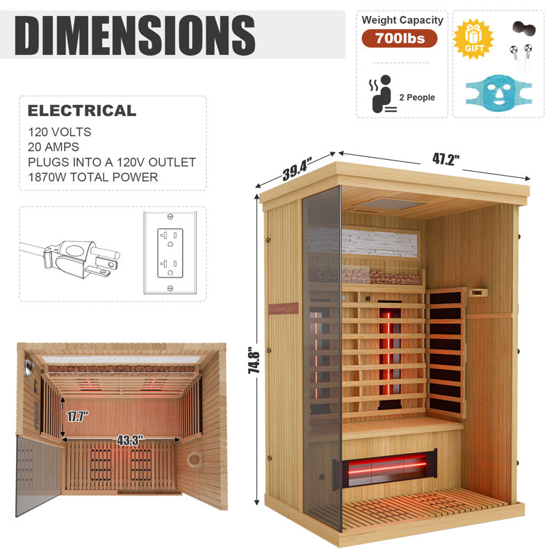 Meissalivve Full Spectrum Sauna For Home, 2 Person Indoor Infrared Sauna Room With 10 Minutes Warm-Up Heate, Canadian Wood Home Infrared Sauna With Bluetooth And Tempered Glass