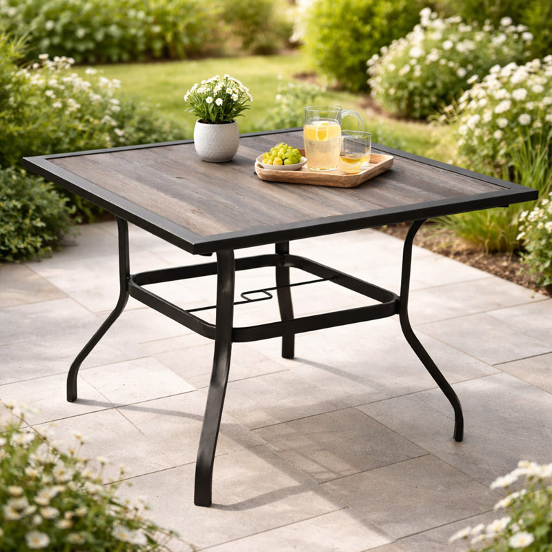 Kozyard 37" Square Outdoor Dining Table for 4, Patio Table with Umbrella Hole, Heavy Duty Steel Frame & Wood-Look Top, Weather Resistant Patio Table for Backyard, Balcony, Garden Brown