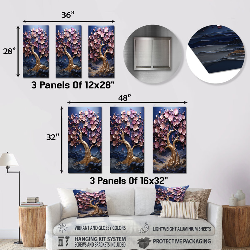 Orchidée dorée, jardin de branches I - ensemble de 3 reproductions d'art mural en métal, H 32 po x l 48 po