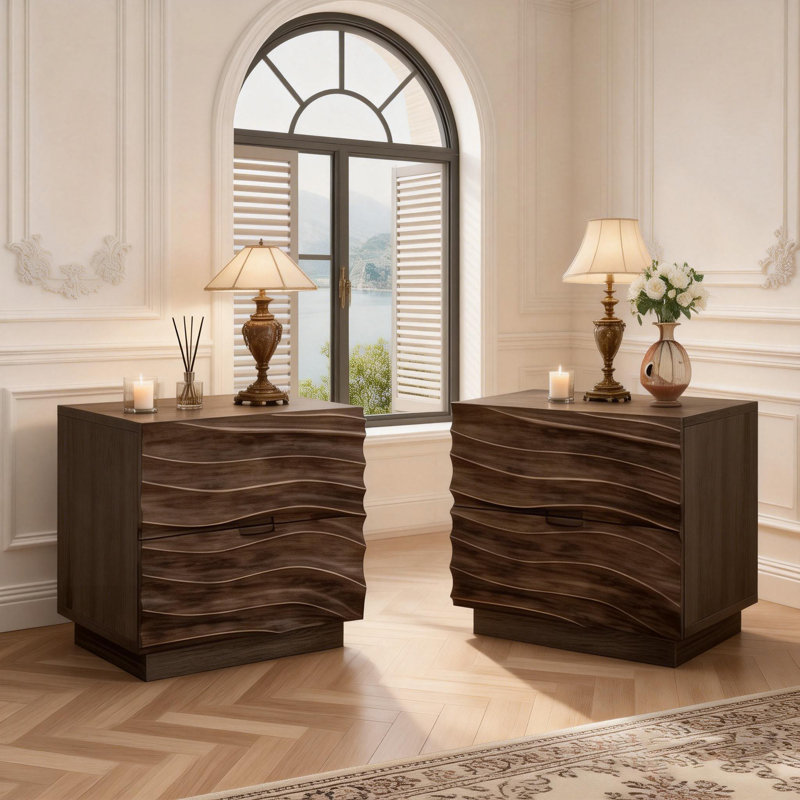 Solid Wood Nightstands Set of 2, Bedside Table with 2 Drawers, No Handles, Sofa End Table for Living Room, Bedrooms, Brown