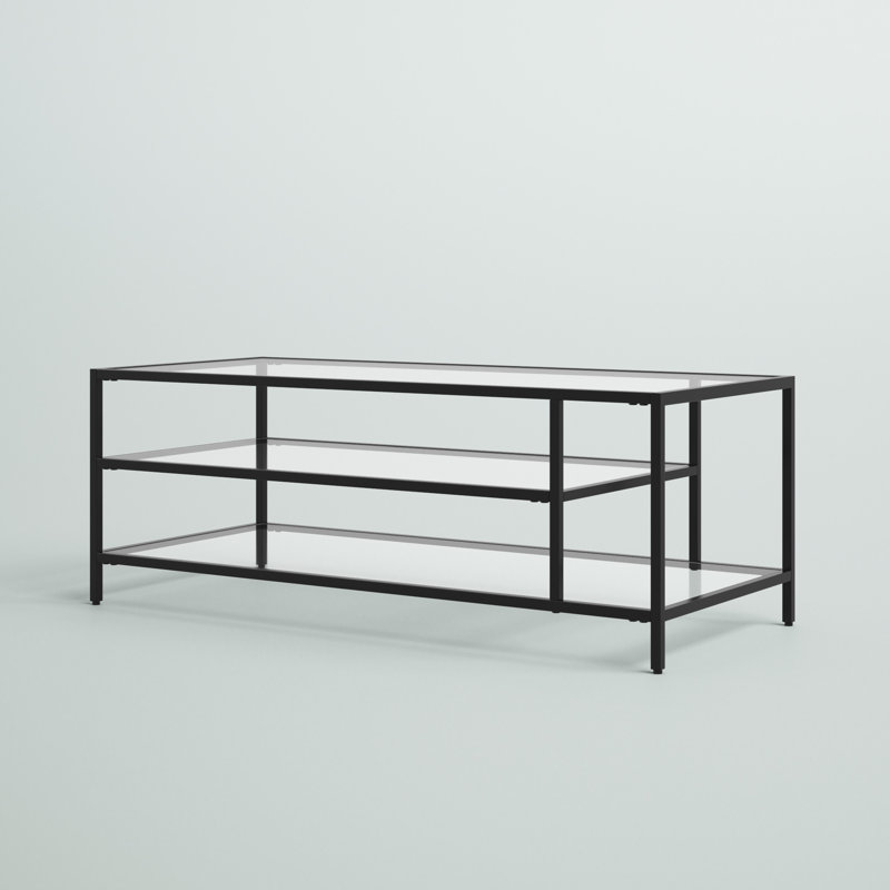 Brehmer 46" Glass And Steel Coffee Table With Two Shelves, Blackened Bronze