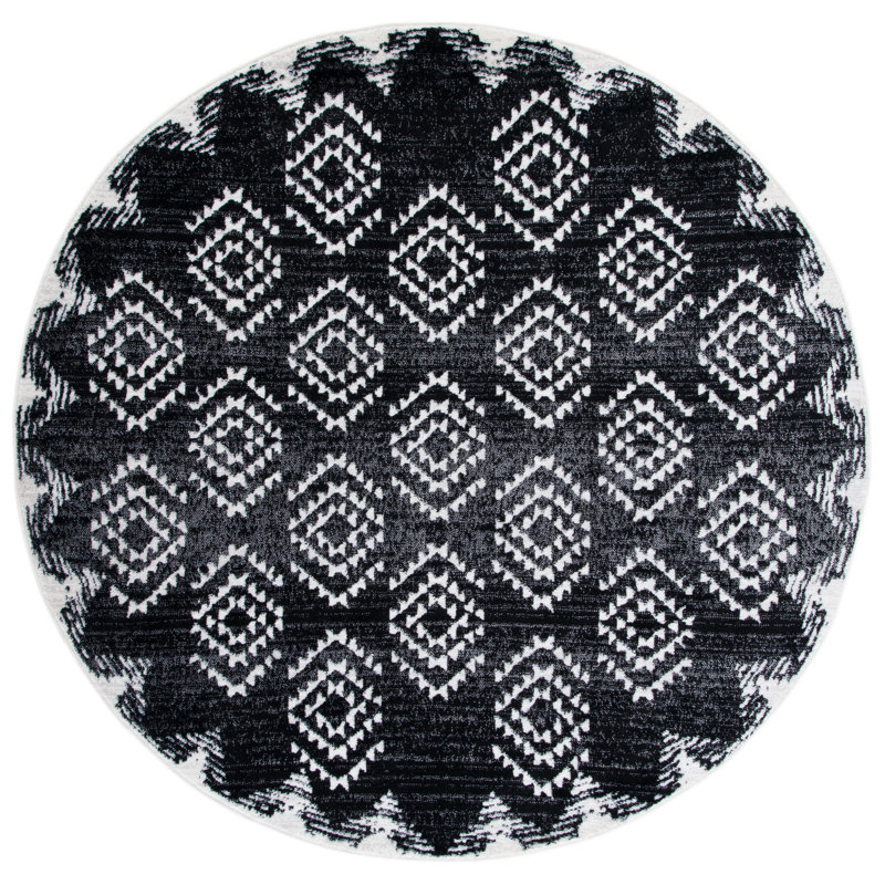Tapis tissé géométrique noir / ivoire Gonsales, Rond 6 pi 7 po