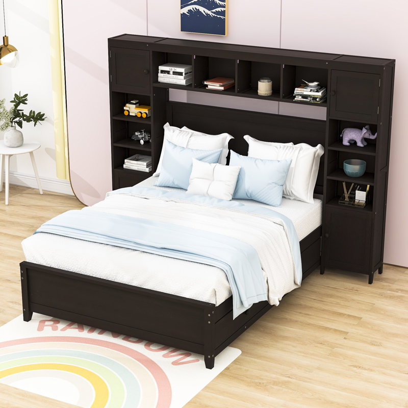 Lit plateforme double en bois avec 4 tiroirs, tête de lit et tablettes, Espresso