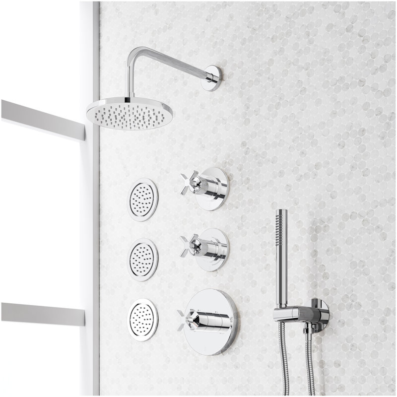 Vassor Thermostatic Shower System With 3 Body Sprays and Hand Shower - Brushed Nickel, Chrome