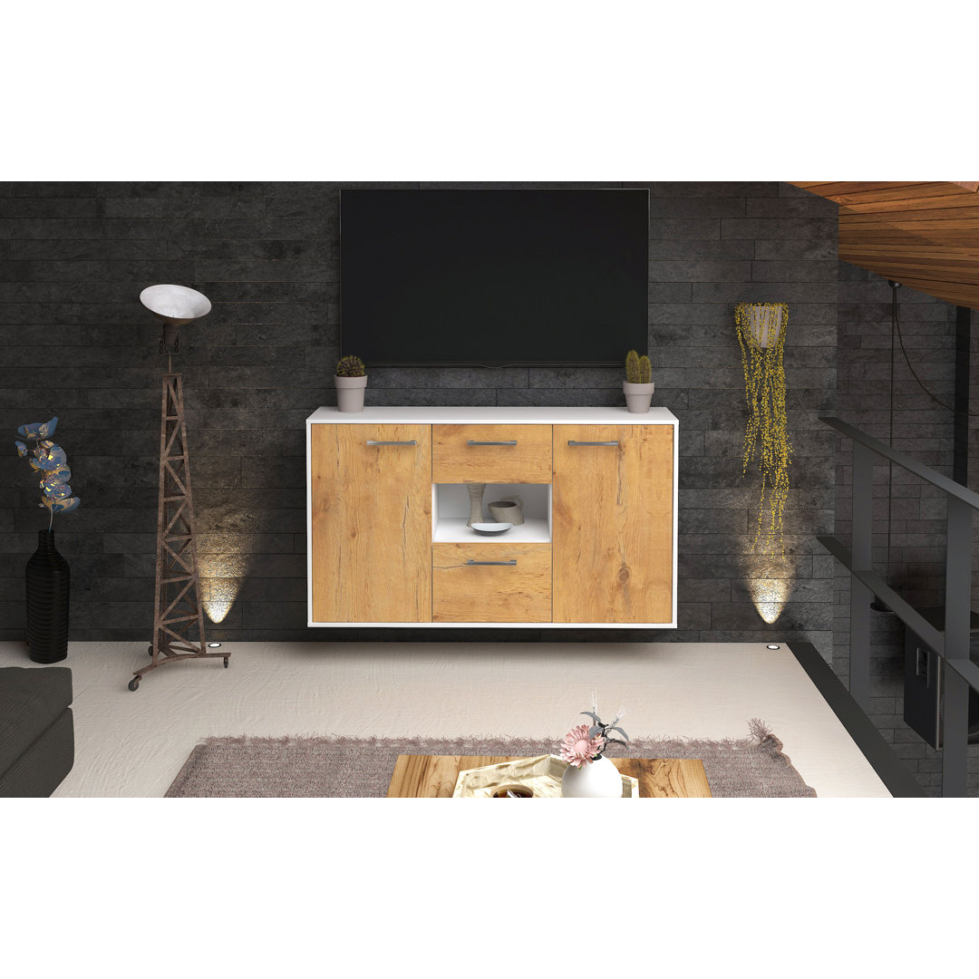 Sideboard Barun, Farbe: Grau/Weiß, Fliegend/Metallgriffe, Größe: 136x79x35 cm