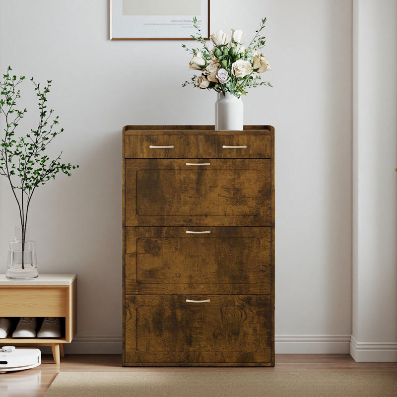 Armoire à chaussures 31,49 pouces en bois massif avec 3 tiroirs rabattables pour le hall d'entrée et le rangement de rangement noir et brun pour le couloir du salon