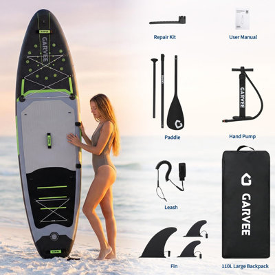 Planche de pagaie gonflable 11 pi 5 po, conception large et stable, plate-forme antidérapante en EVA, support de caméra intégré, accessoires de SUP complets pour adultes et jeunes