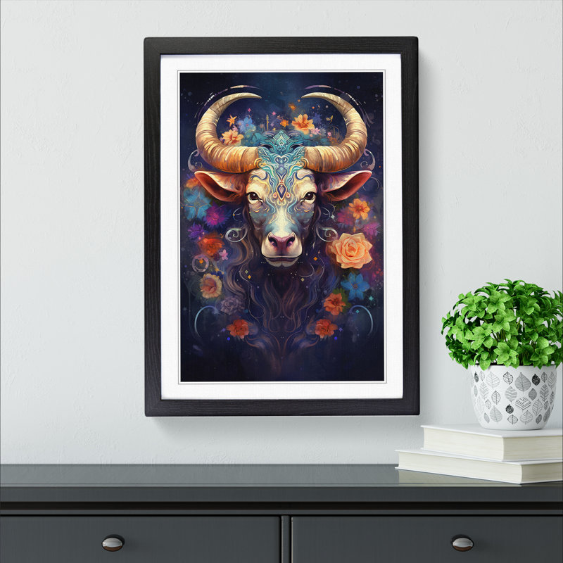 XYZ-FRM-V1223-1610 Taurus Zodiac Impressionism - Single Picture Frame Print on Wood, 64cm H x 46cm W x 2cm D, Black 