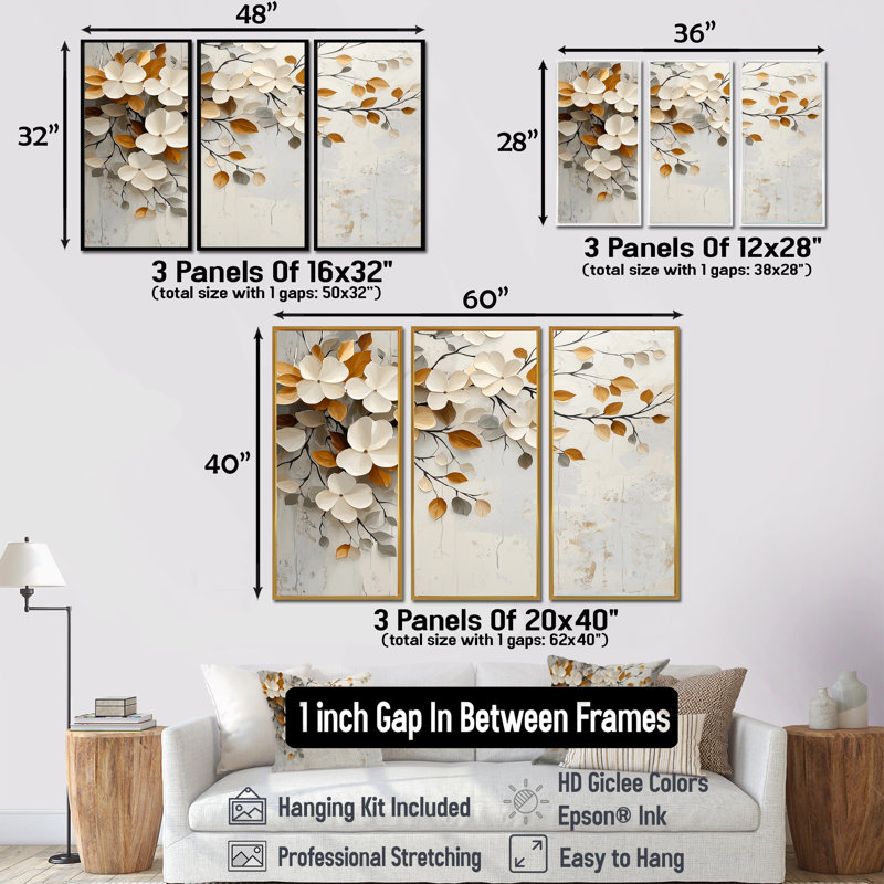 Fleurs de cerisier blanc orange et botanique II - ensemble d'art mural fleurs de cerisier, Toile avec cadre flottant or
