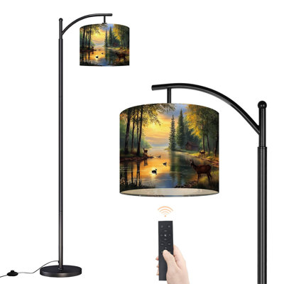 Arc Floor Lamp with Adjustable Lampshade Animal Deer Vintage Wildlife Rustic Lake Cabin Sky Mallard Standing Lamp 3 Color Temperatures Dimmable Tall Pole Lamp with Foot Switch for Bedroom
