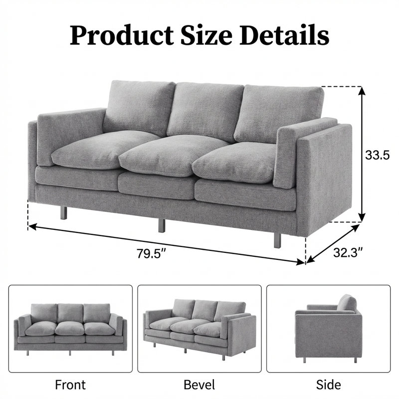Canapé moderne à trois places avec coussins à deux couches et pieds en métal robustes