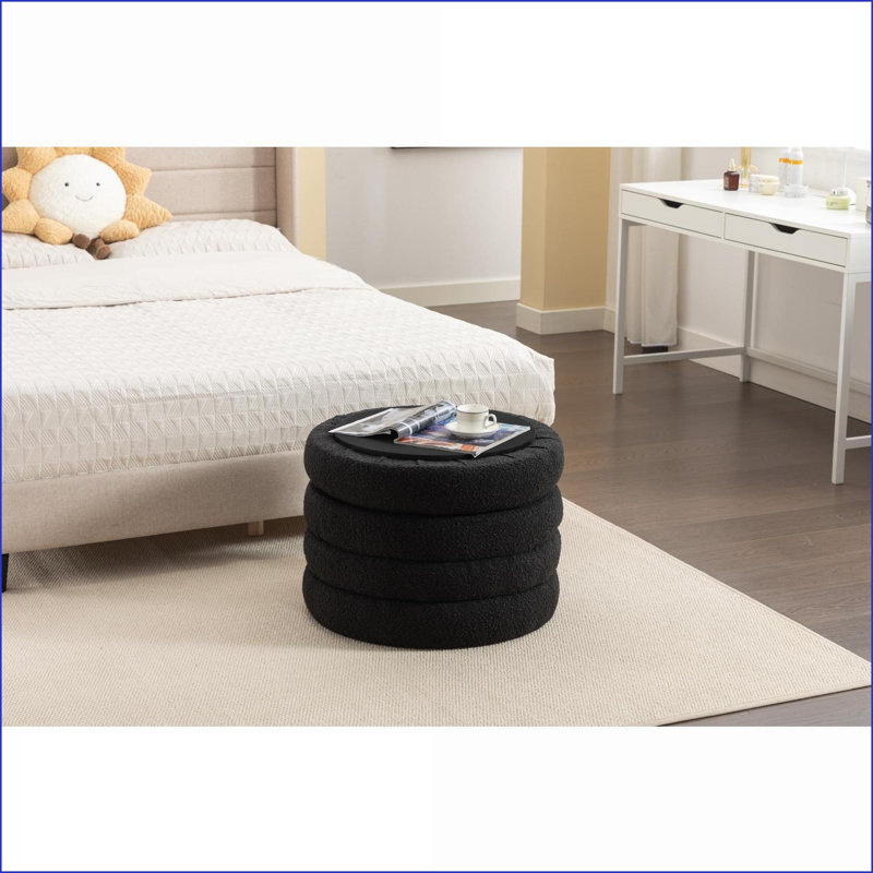 Ottoman with Storage &amp; Reversible Cover – No Assembly 24.41'' Round Footstool for Bedroom | Black | Boucle Fabric