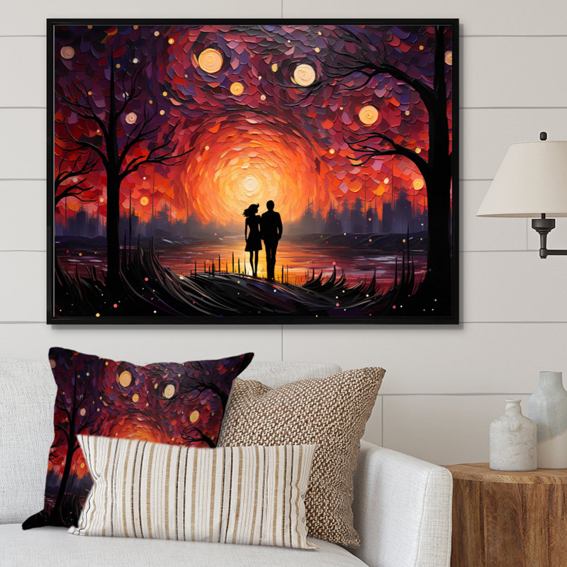 Abstrait couple romantique pointilisme paysage, H 24 po x l 32 po x P 1 po, Cadre flottant noir