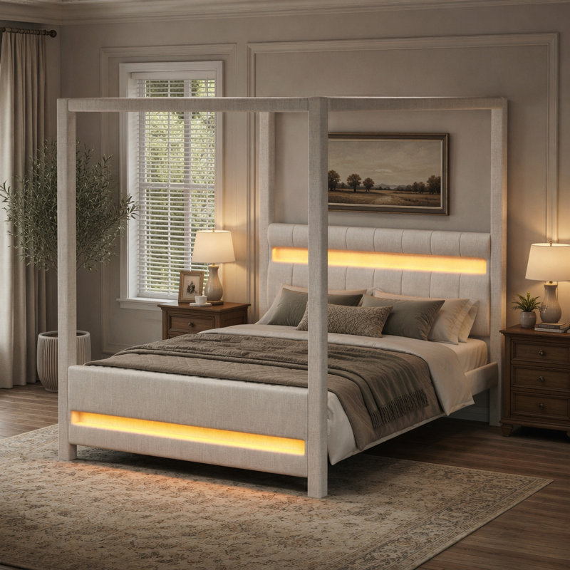 Upholstered Canopy Platform Bed with LED Lighting