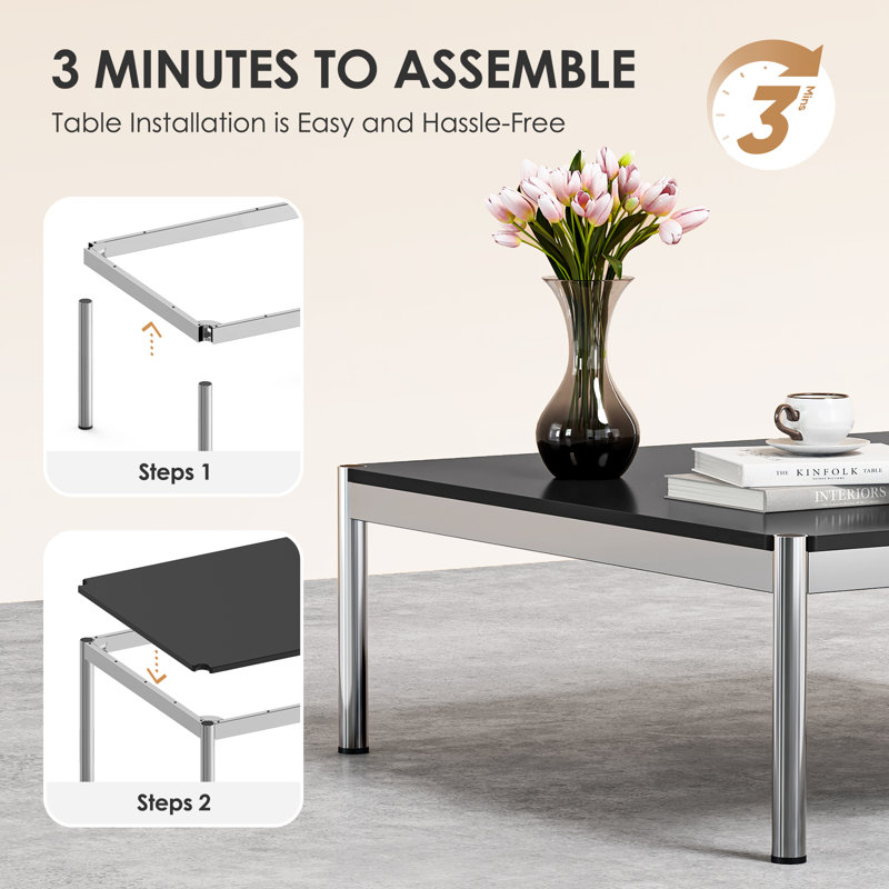 Brothir 39.4'' Wood Top Square Coffee Table with Stainless Steel Base 3 Min to Assemble, Black