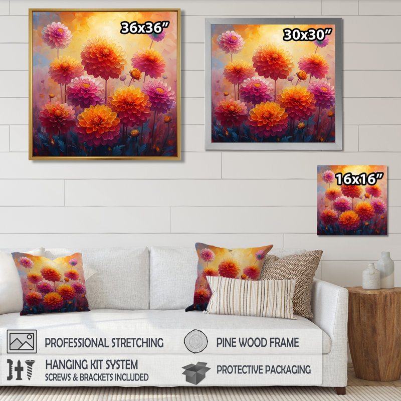 Décoration de dahlia orange orange rose coucher de soleil sur le terrain I - Dahlia, Cadre flottant doré, H 16 po x l 16 po