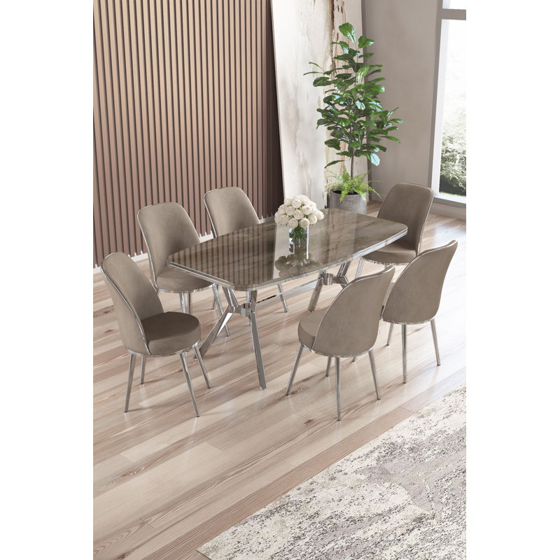 Dining Table & Chairs Set (7 Pieces), 7 Pieces: Table, 6 Chairs, Cappuccino, Anthracite/Chrome