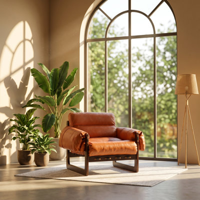 Medieval 27.56" W x 33.46" D x 29.52" H Removable Armrests Rubberwood Oil Waxed Leather Lounge Accent Chair