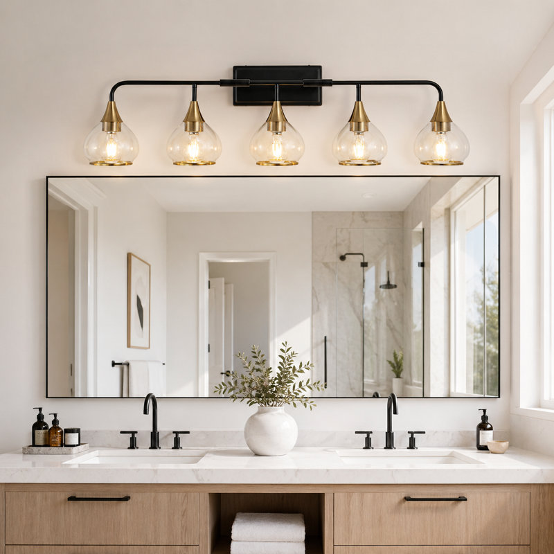 Luminaire de meuble-lavabo moderne à 5 lumières avec noir mat et or brossé, H 11,2 po x l 40 po x P 6 po