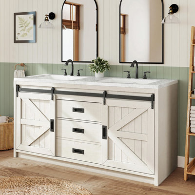 61"W Farmhouse Double Sink Bathroom Vanity with Carrara White Marble Look Top & Sliding Barn Doors,White