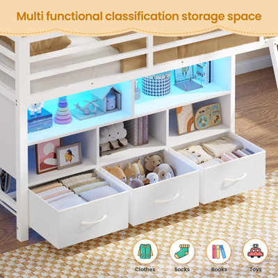 Twin Size Loft Bed With Led Lights,3 Storage Drawers, 3-tier Kids Bookshelf, 5 Open Cubbies & Stairs, Low Metal Loft Bed Twin With 13.4in Guardrail, Space Saving