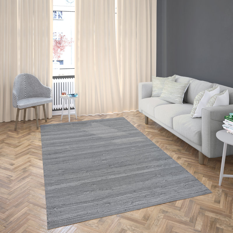 Tapis fabriqué à la main en coton Dhurrie gris Stelly, Rectangle 2 pi x 3 pi