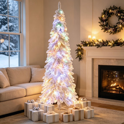 Sapin de Noël artificiel de 1,83 m (6 pi) préilluminé, floqué neige, forme crayon retombante, 407 branches, 250 DEL blanc chaud/couleur