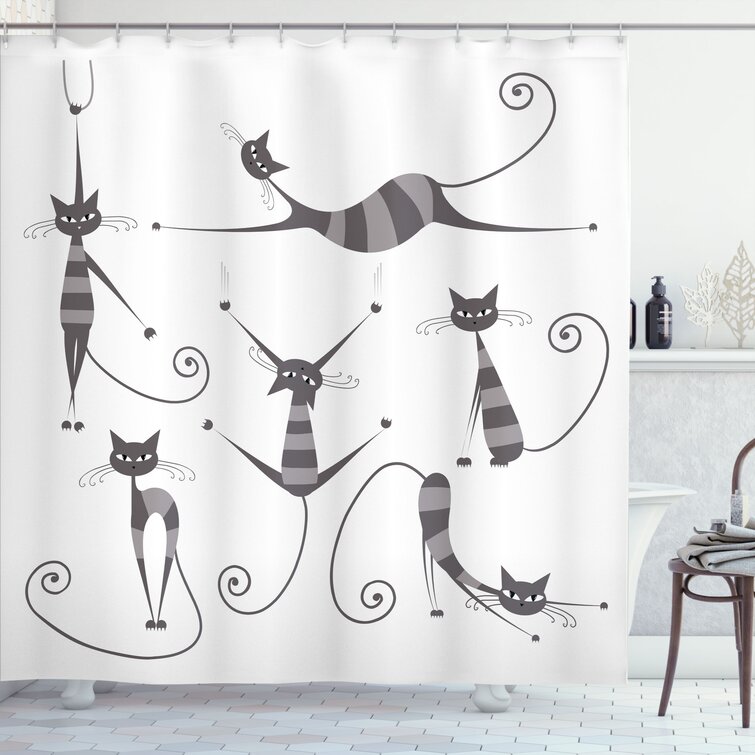 Ebern Designs Everly Funny Skinny Striped Cat Shower Curtain + Hooks