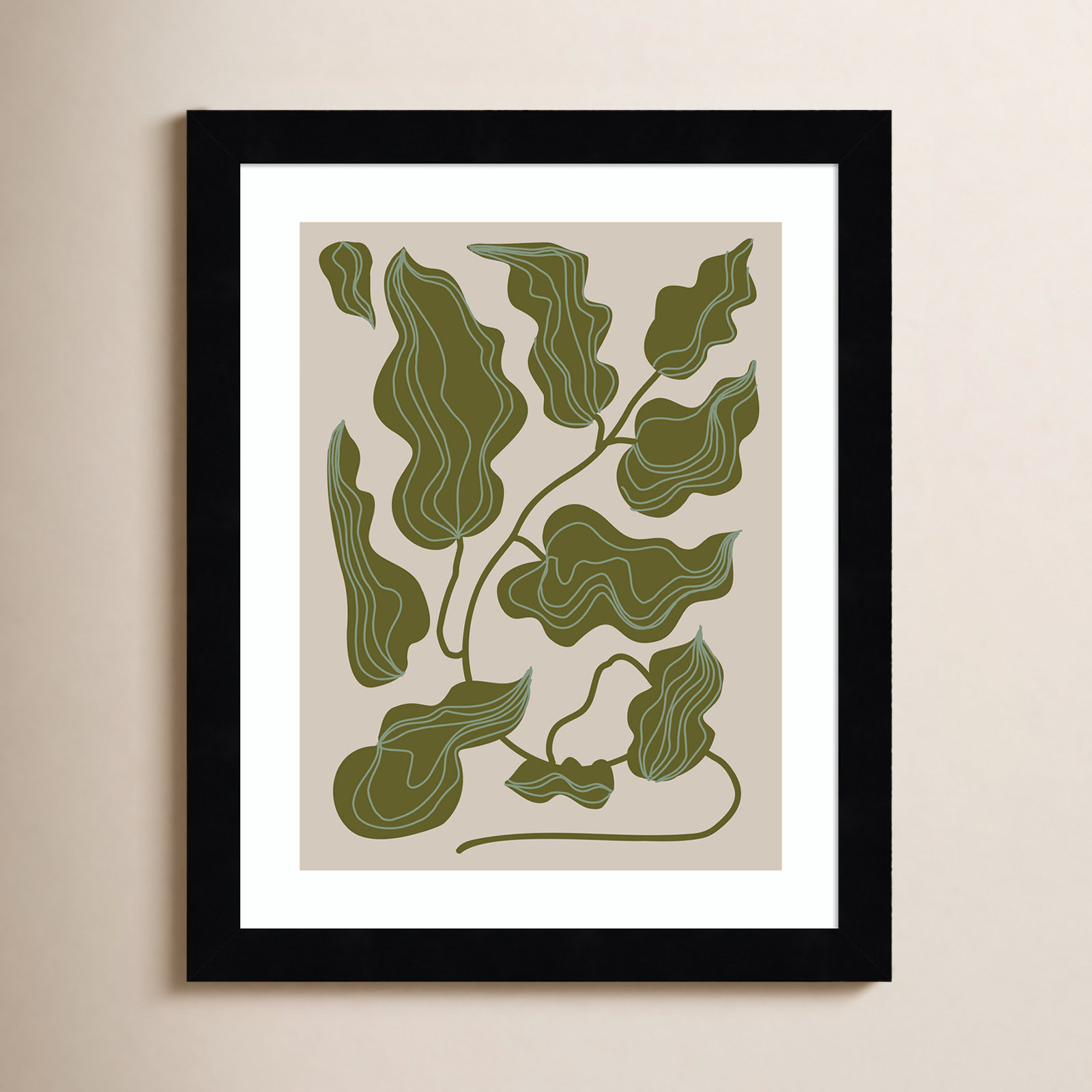 Expressive Abstract House Plant Green Print, Black, 13" H x 11" W x 1" D