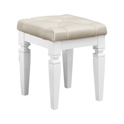 Tabouret de coiffeuse de style blanc pour chambre à coucher, siège en similicuir à boutons avec coussin en mousse, profondeur de 17 po, hauteur de 18,72 po, assise rembourrée avec structure en bois