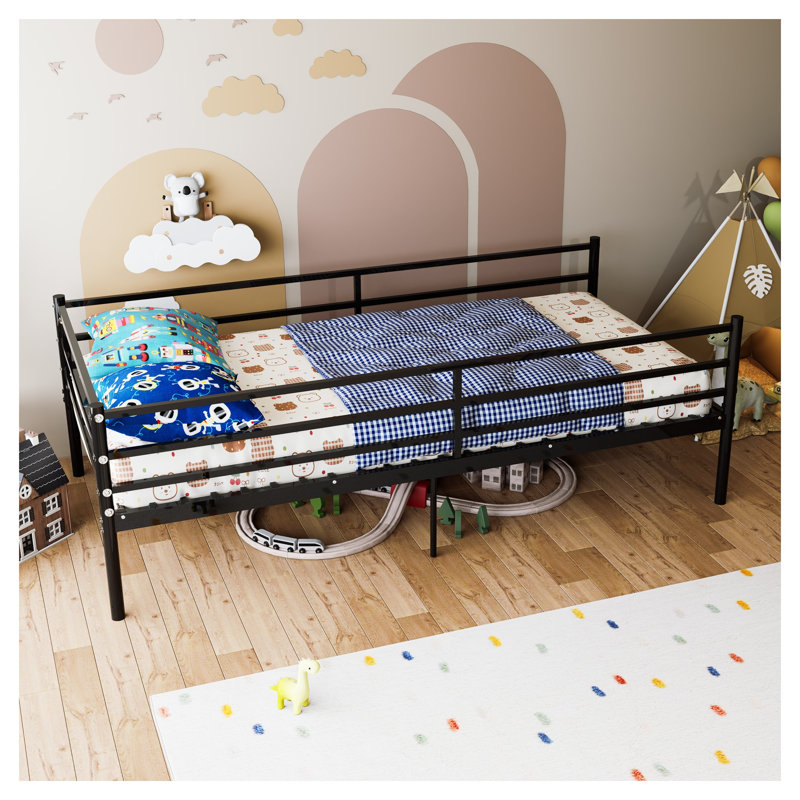 Structure de lit de jour simple en métal avec rails de sécurité, lit plateforme noir robuste pour chambre d'enfant et chambre d'amis, assemblage facile
