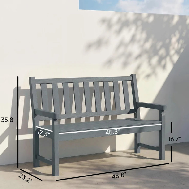 Banc résistant aux intempéries, 2 places, siège à lattes, imputrescible, aspect bois réaliste, structure grise, courbé pour pelouse