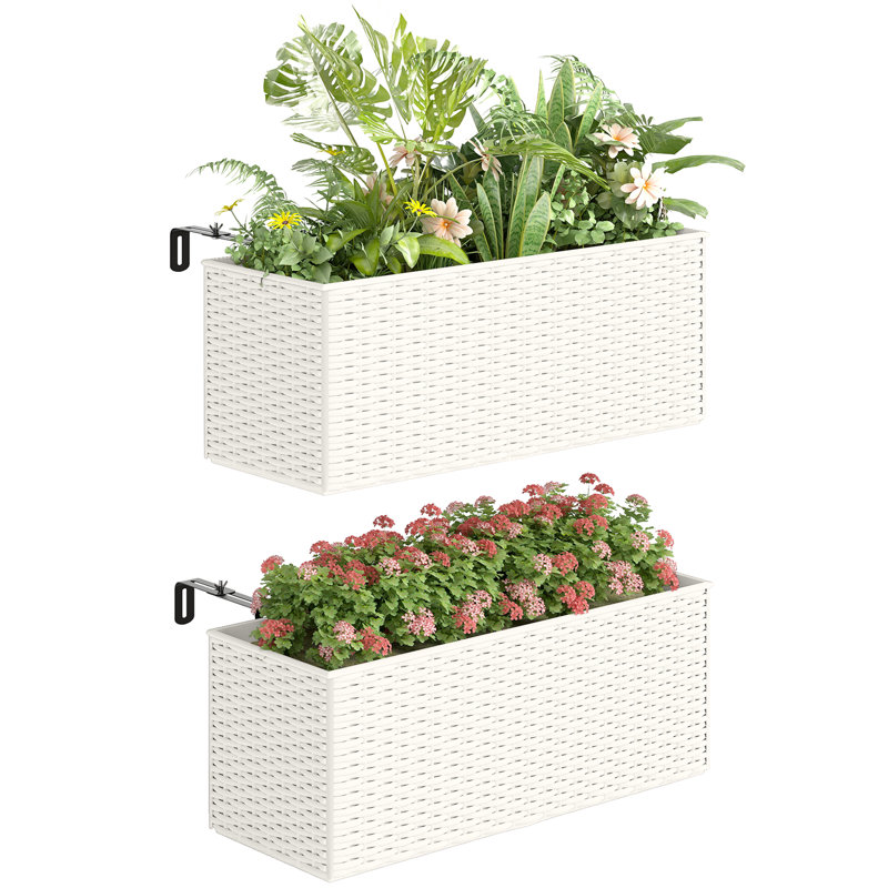 2 Pack 20 Inch Railing Planter Box, Hanging Flower Pots, White, White
