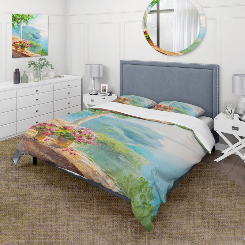 Ensemble de housse de couette en microfibre bleu / vert / blanc / brun, Housse de couette pour grand lit et 2 taies décor