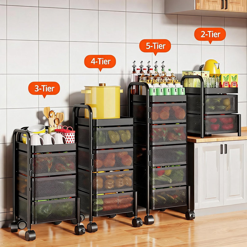 Panier à fruits et légumes rotatif à 5 niveaux, chariot roulant en maille métallique avec couvercle et roulettes pour le rangement de la cuisine
